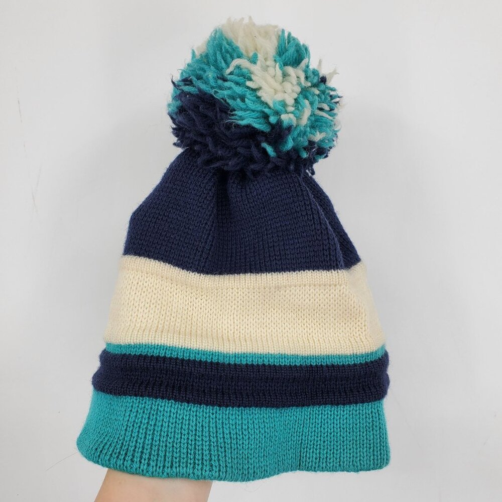 Vintage Smiley 100% Wool Made in USA Blue Striped Pom‎ Pom Winter Toboggan Hat